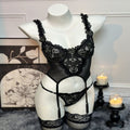 House Of Dasein Floral Embroidery Lingerie Set With Lace Splicing Transparent Gathered Bra Three Piece - Black + Silk Stockings - M