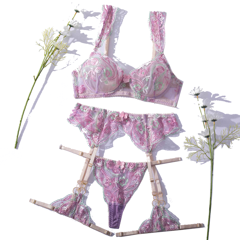 House Of Dasein Light Purple Floral Embroidery Cute Feminine Lingerie Set Bra Panties Garter - L