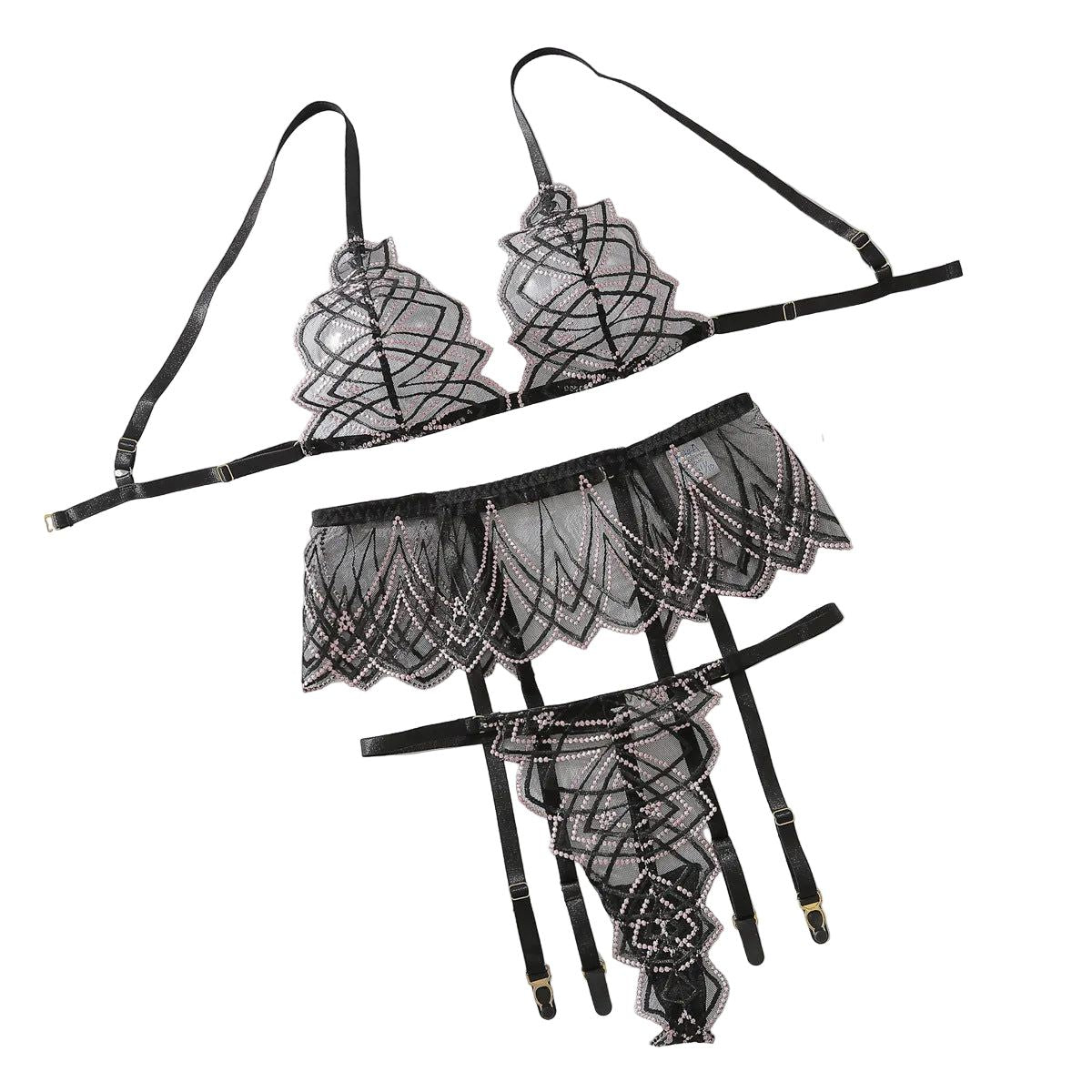 House Of Dasein Mesh Perspective Slimming Bra Set Sexy Underwear 3 Piece - Black - S