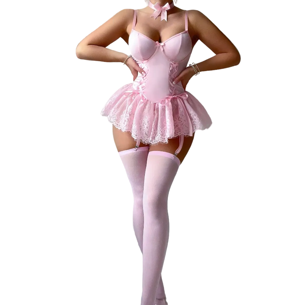 House Of Dasein Retro Pure Temptation Sexy Deep V Neck Lace Trim One Piece Dress Lingerie - Pink - S