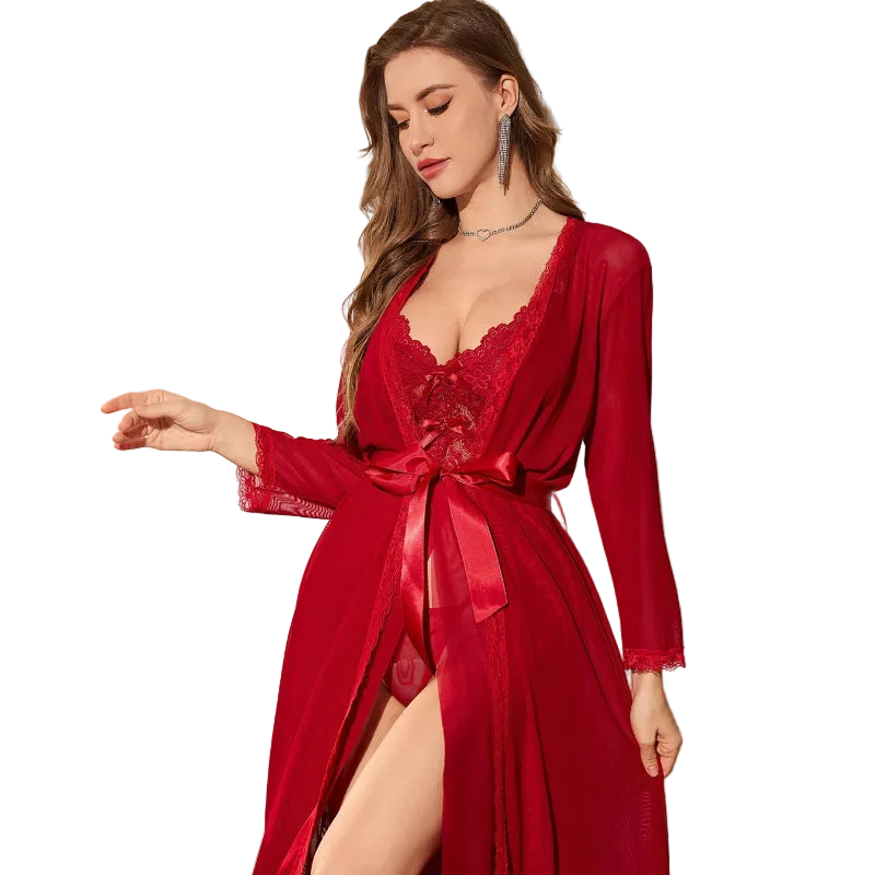 Sexy Mesh Transparent Long Sleeve Nightgown Erotic Set For Women - Wine Red - L
