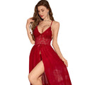 House Of Dasein Sexy Mesh Transparent Lace Halter Slit Long Dress Set - Wine Red - M