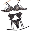 Sexy Bra Set Embroidered Mesh Splicing Underwear Garter Belt Four Piece - Black - M