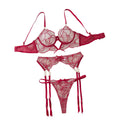 Perspective Embroidered Sexy Bra Set With Lace Underwear And Three Piece - Wine Red - L