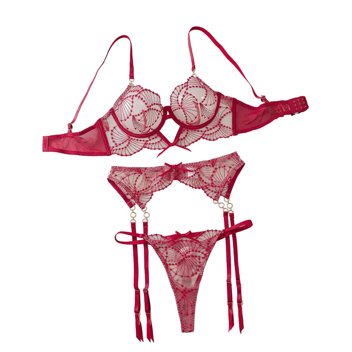 Perspective Embroidered Sexy Bra Set With Lace Underwear And Three Piece - Wine Red - L