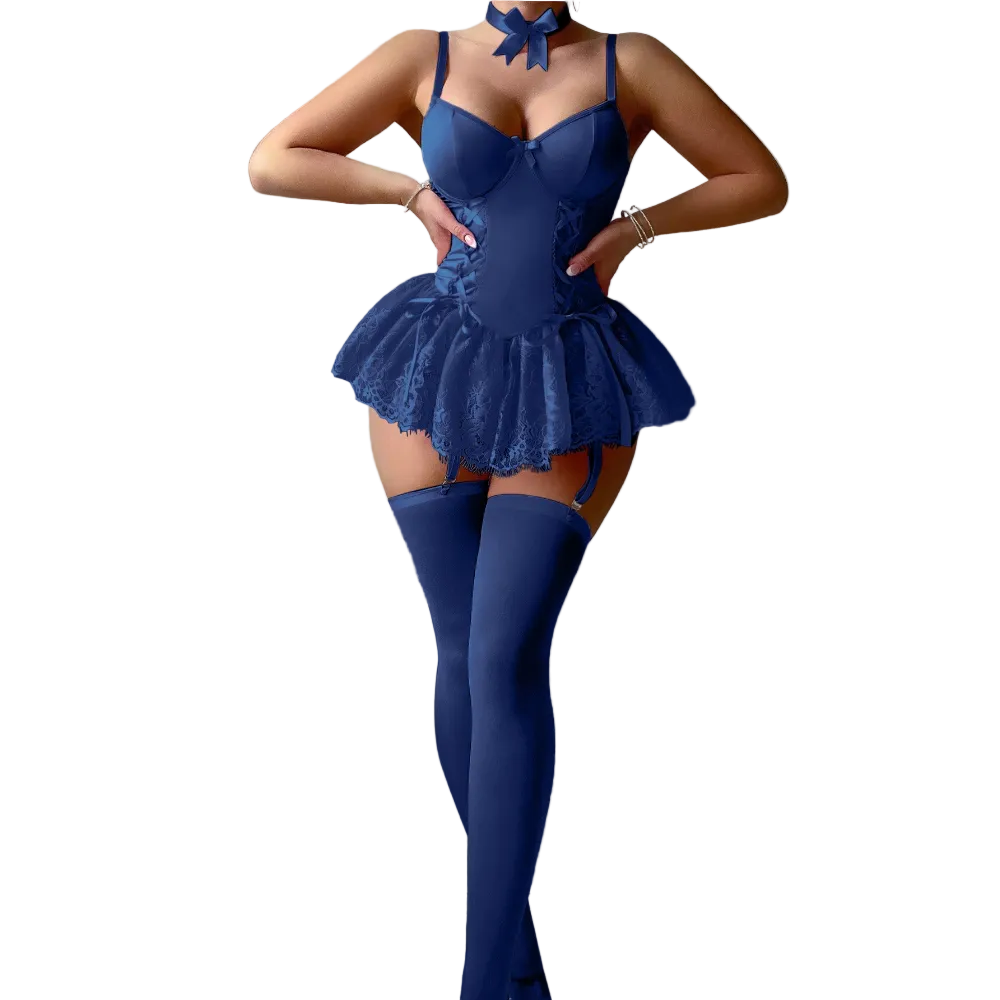 House Of Dasein Retro Pure Temptation Sexy Deep V Neck Lace Trim One Piece Dress Lingerie - Royal Blue - M