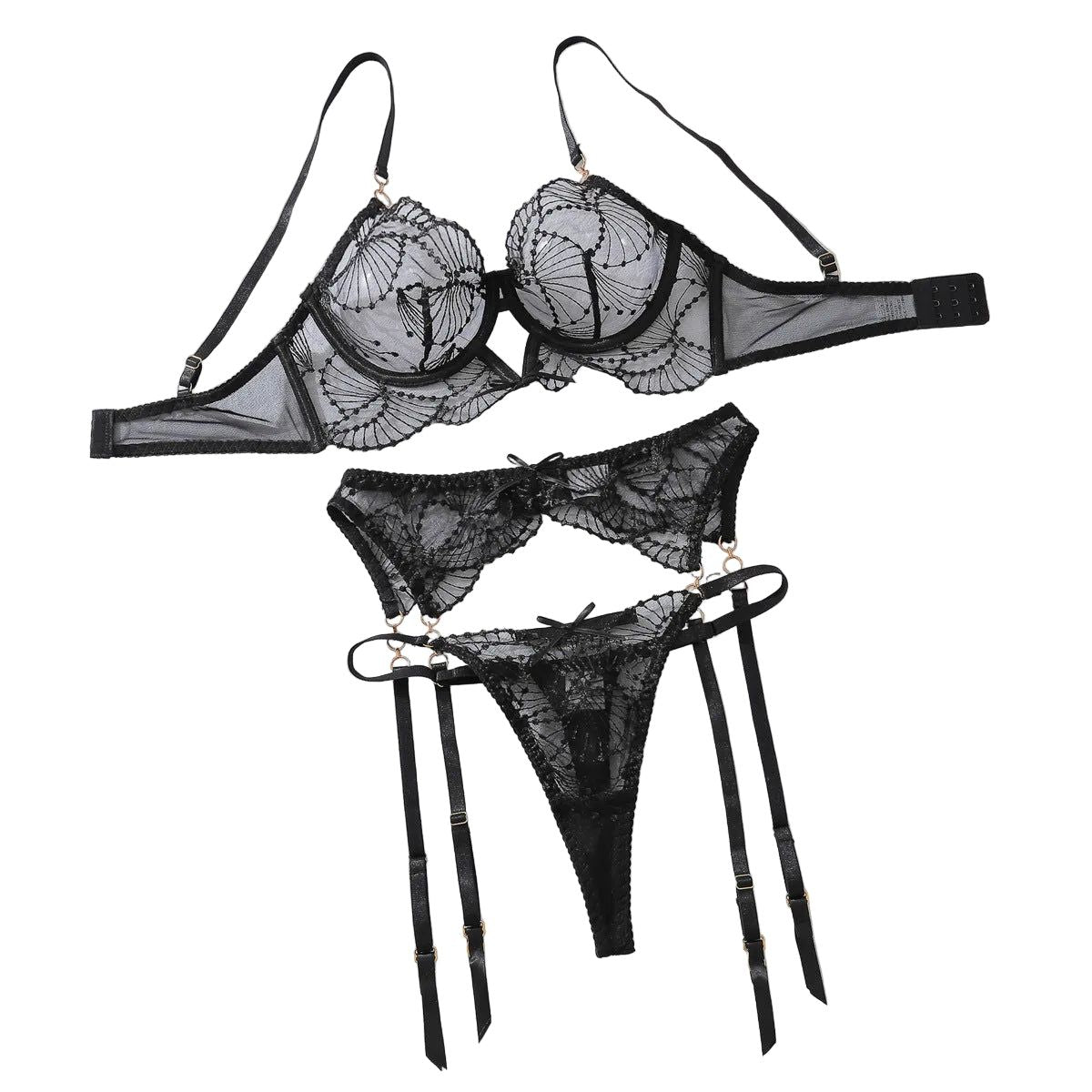 Perspective Embroidered Sexy Bra Set With Lace Underwear And Three Piece - Black - L