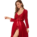 Sexy Mesh Transparent Long Sleeve Nightgown Erotic Set For Women - Wine Red - S