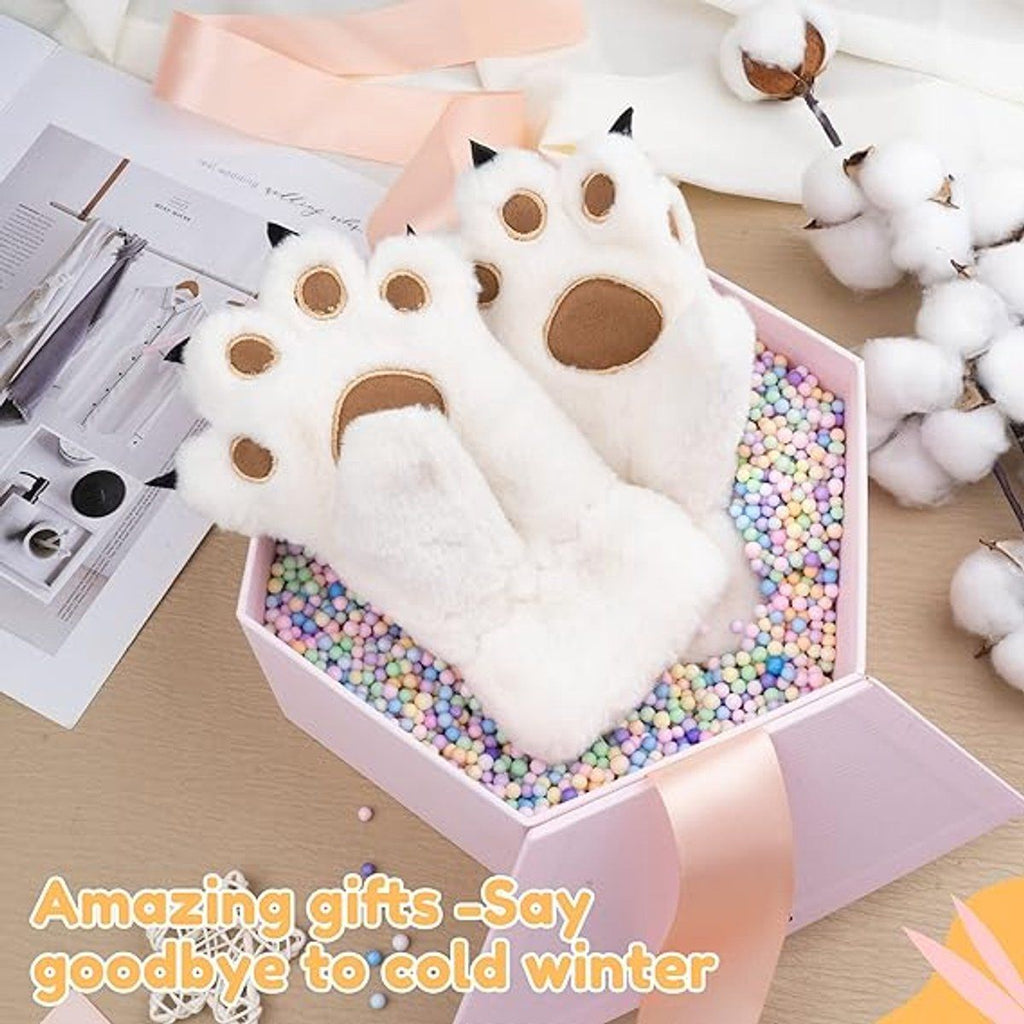 Gloves 1 Pair Winter Cartoon Neckband Children's Warm Plush One Sizeiwhitei