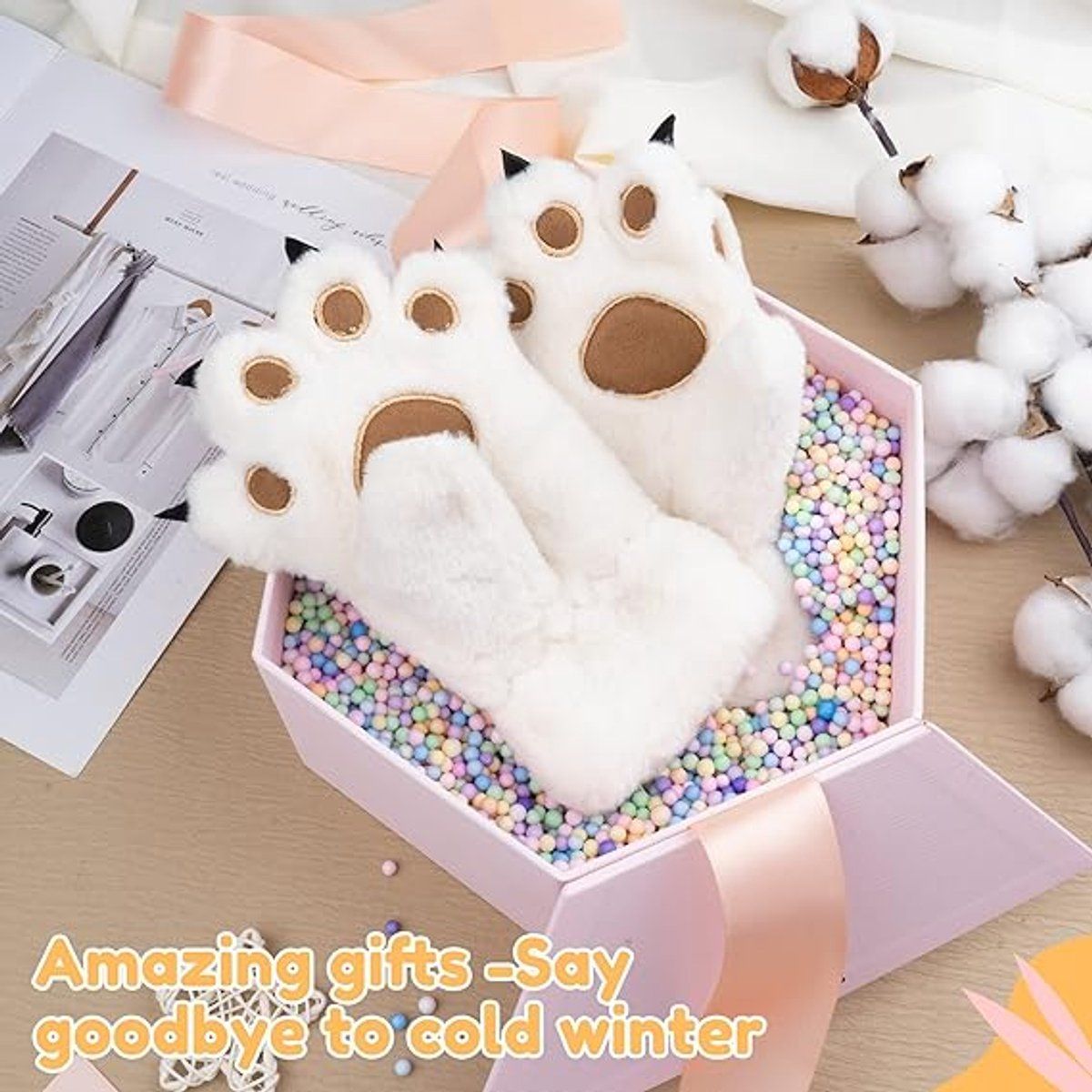 Gloves 1 Pair Winter Cartoon Neckband Children's Warm Plush One Sizeiwhitei