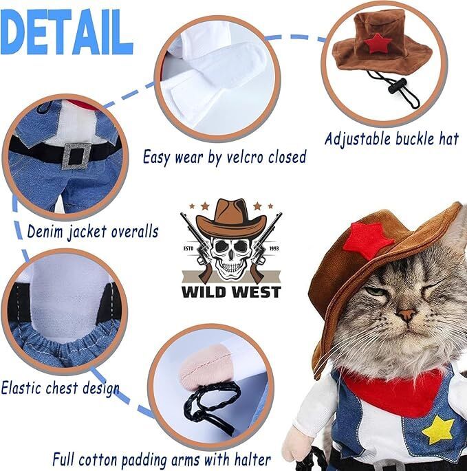 Small Dog Cowboy Costume With Hat Size Western Pet Outfit (2Pcs)