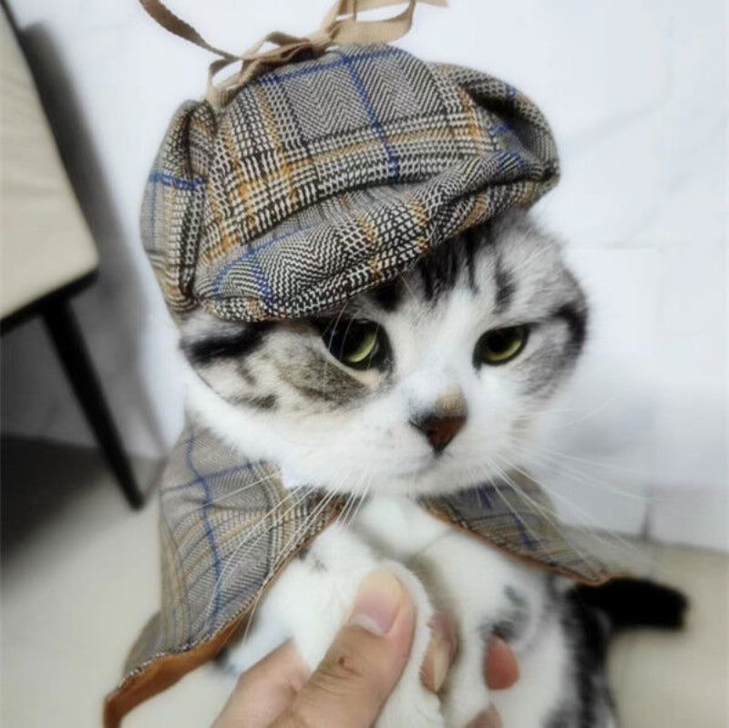 Dog Costume Cute Detective Pet Clothes Set Halloween Cosplay Party Outfit Winter Fashion Cape Cloak Hat For Small Medium & Cat Kitten Grey