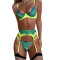 House Of Dasein Cross Border Wild Rose Three Color Lace Lingerie Set With Suspender Garter Belt Thong - Light Green - Xl
