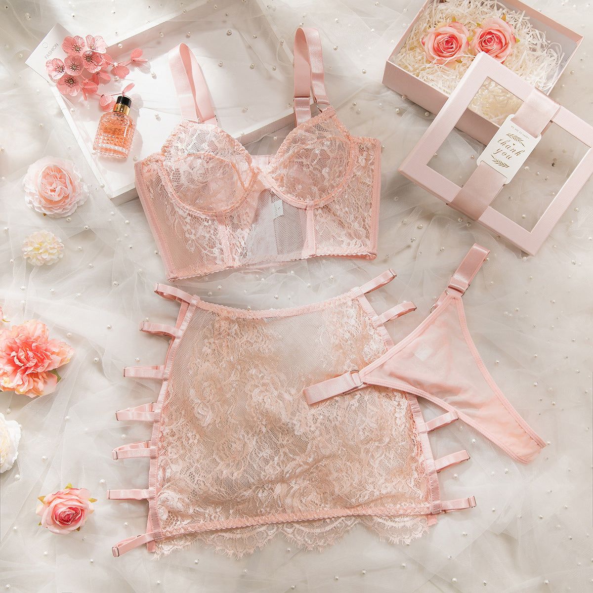 House Of Dasein High Elastic Lace Underwear Seductive 3D Tailored Slim Elegant Fashion Essential Lingerie Set - Pink - M