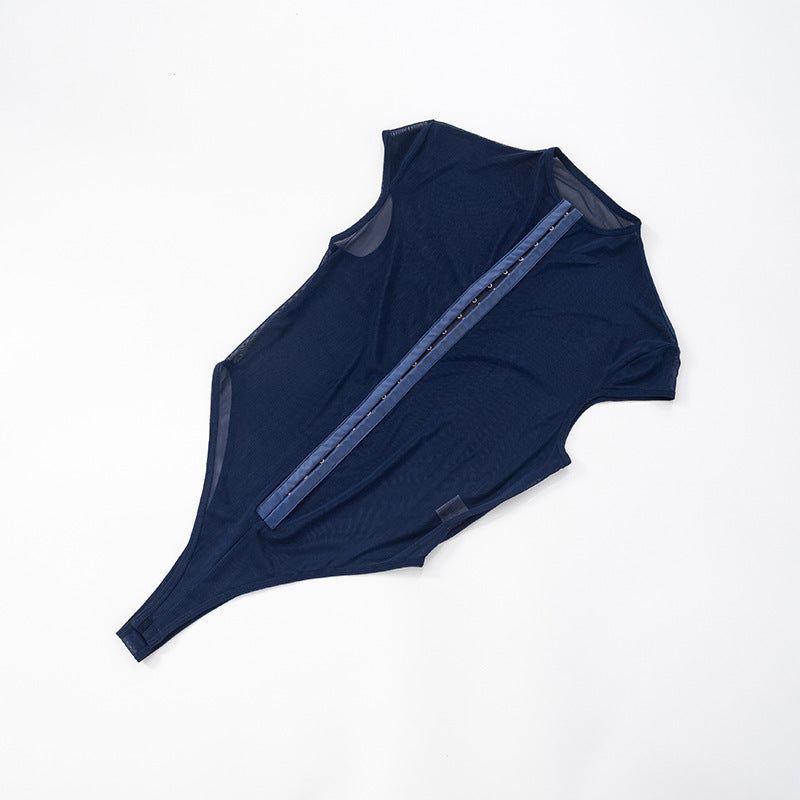 Women's Metal Buckle Sexy Perspective Slim Mesh Jumpsuit Blue - Blue - S