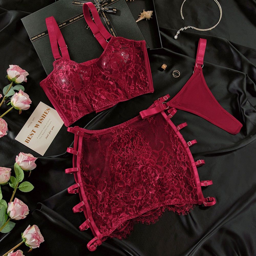 House Of Dasein High Elastic Lace Underwear Seductive 3D Tailored Slim Elegant Fashion Essential Lingerie Set - Wine Red - Xl