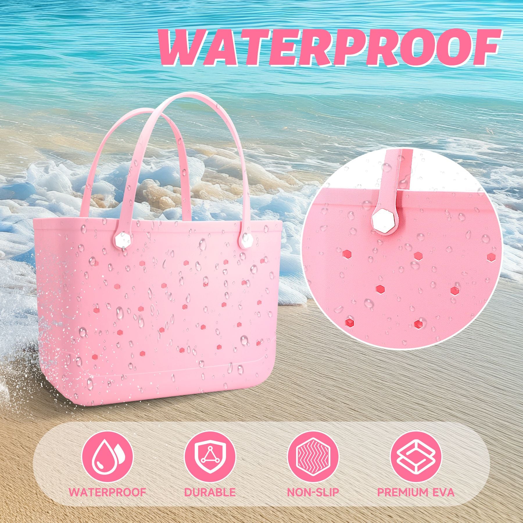 Waterproof Hexagon Mesh Beach Bag - Large Capacity Travel Storage Tote for Swimwear Towel Sunglasses - Pink Large 48x34x24cm