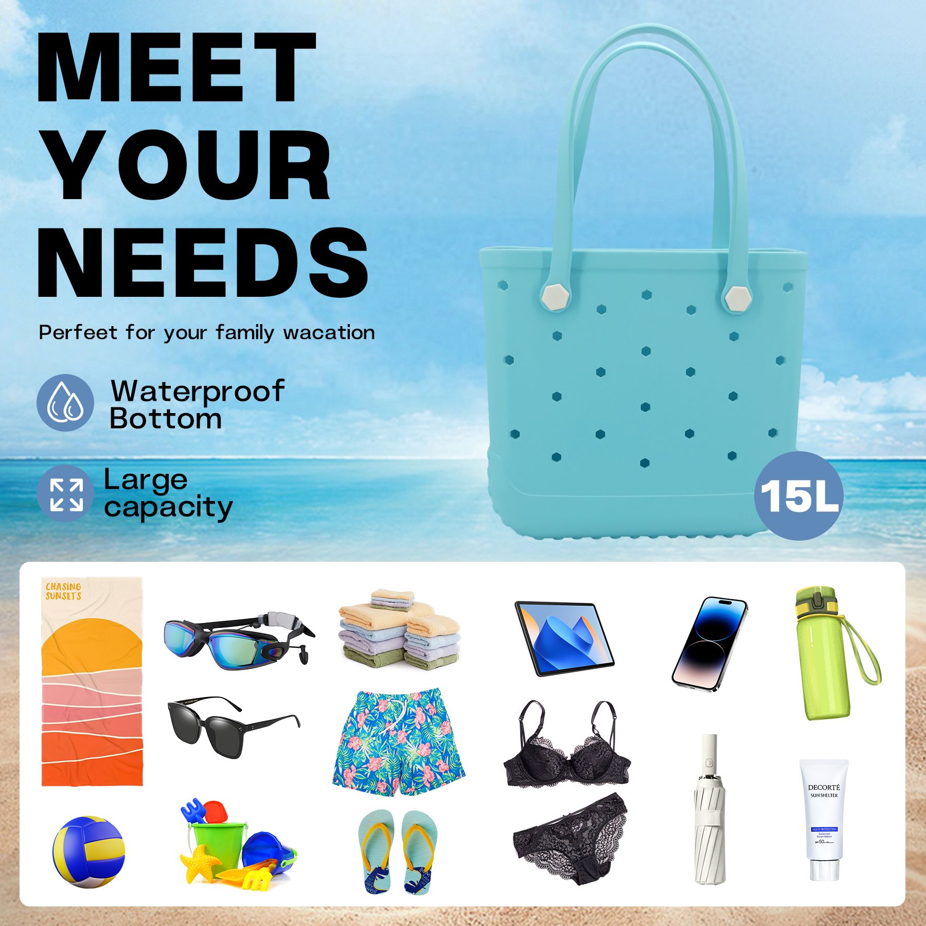 Waterproof Hexagon Mesh Beach Bag - Large Capacity Travel Storage Tote for Swimwear Towel Sunglasses - Lake Blue Medium 37x32x13cm