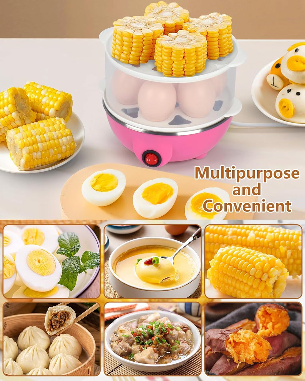 Electric Egg Cooker 14 Eggs Capacity with Timer and Automatic Shut-Off 350W Double Layer Multifunctional Egg Steamer for Milk and Food Heating Blue