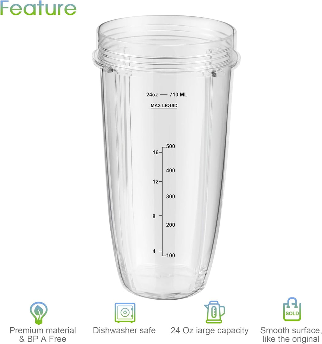 Blender Replacement Parts for Ninja, 24oz Ninja Blender Cups with To-Go Lids, 7 Fins Extractor Blade, Compatible with Nutri Ninja Auto iQ Blenders BL2012 BN801 BL480-30 BL640-30 BL642-30 NN100-30