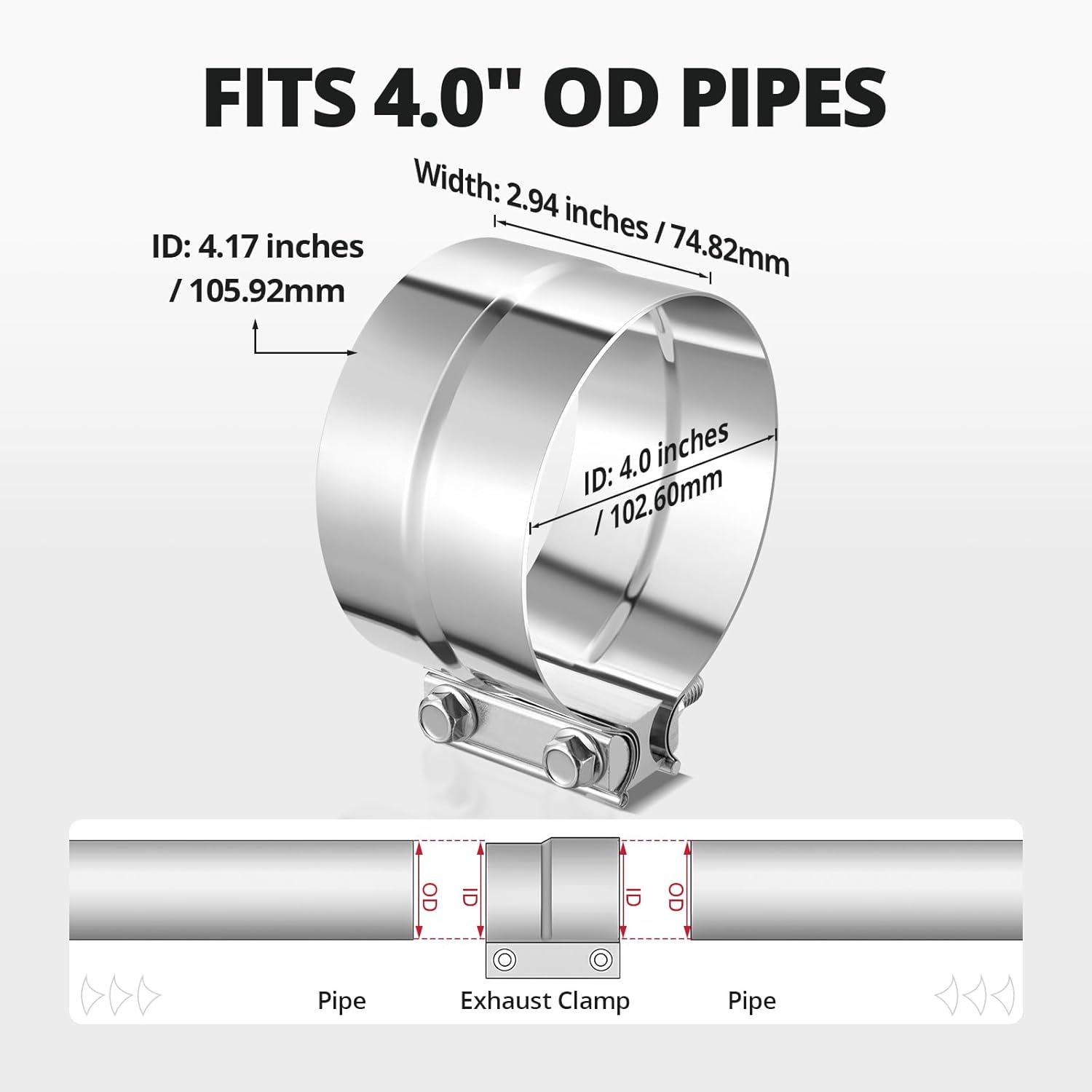 4.0'' Exhaust Clamp, Lap Joint Band Clamp Stainless Steel for Pipes, Mufflers, Catalytic Converters (1PCS, 4.0 inch)
