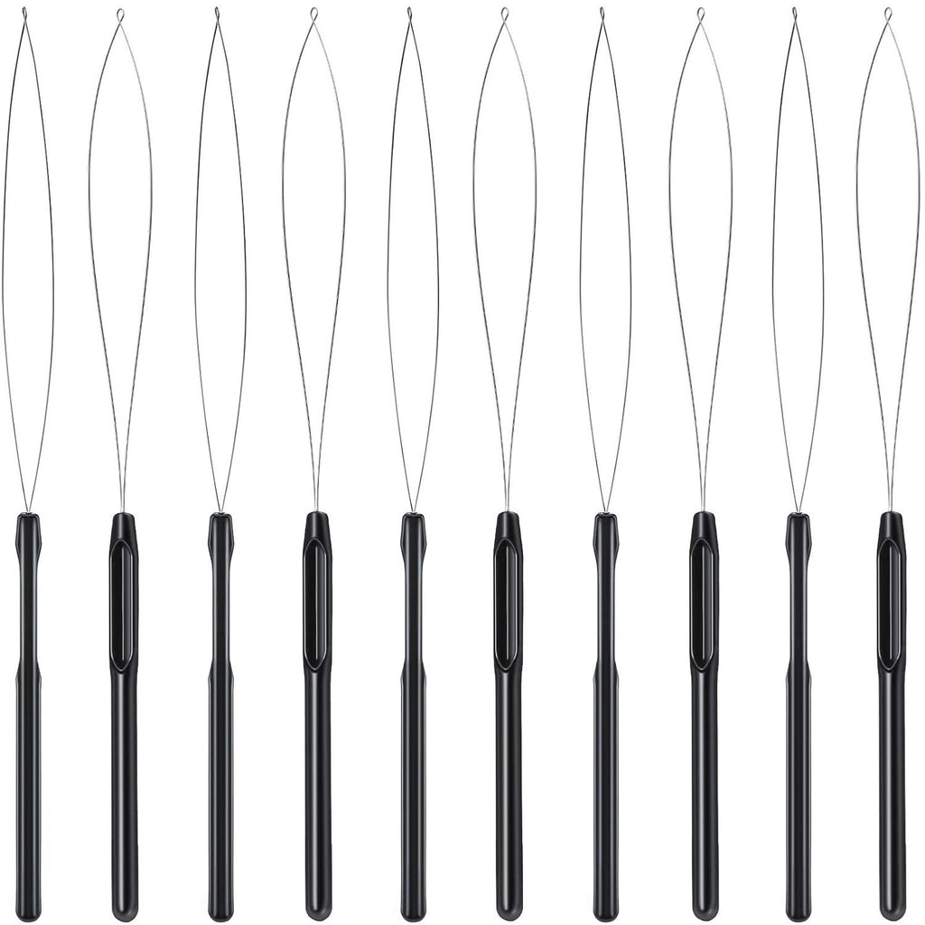10 Pieces Hair Extension Loop Needle Threader Pulling Hook Tool and Bead Device Tool Black Loop Threader for Hair or Feather Extensions (Black)