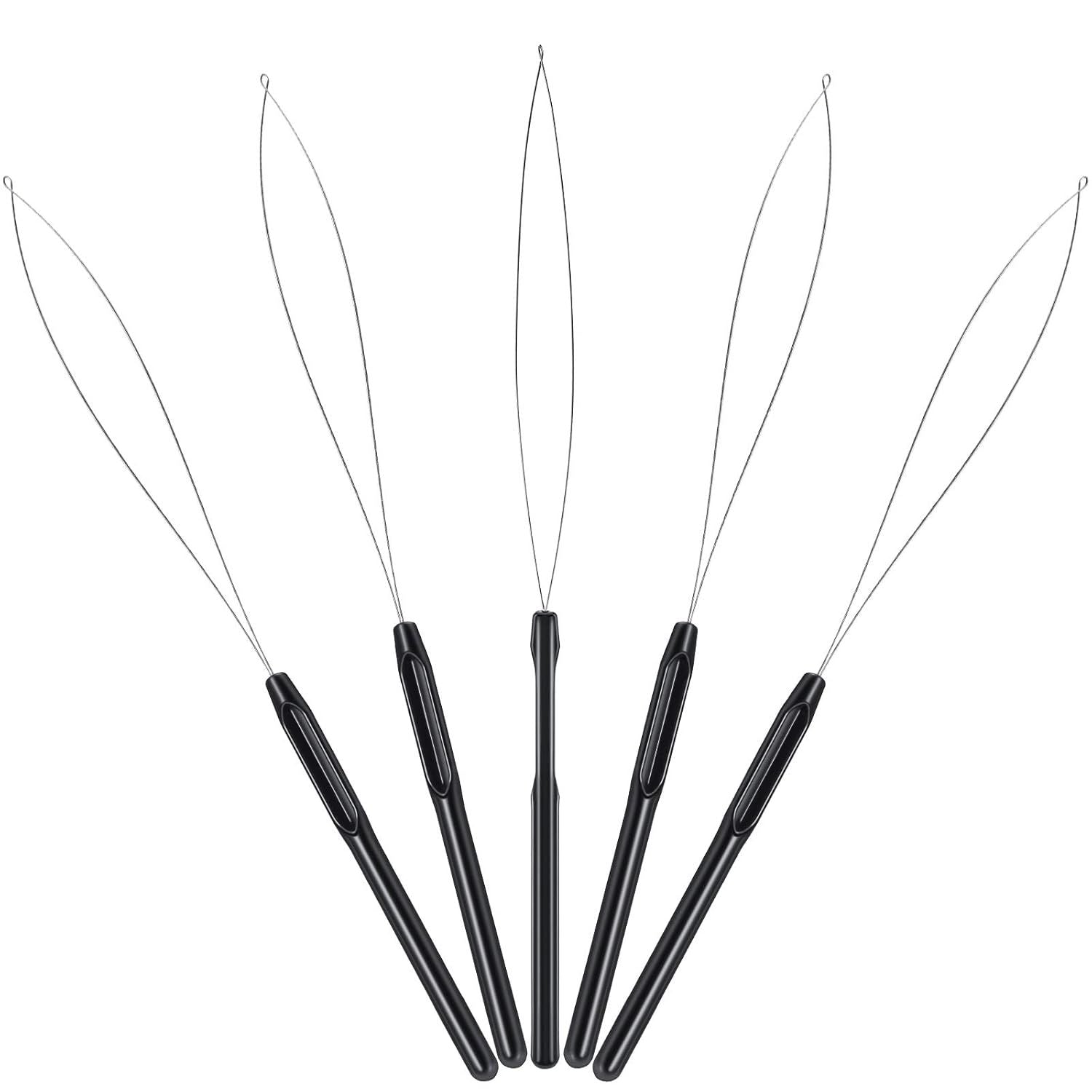 10 Pieces Hair Extension Loop Needle Threader Pulling Hook Tool and Bead Device Tool Black Loop Threader for Hair or Feather Extensions (Black)