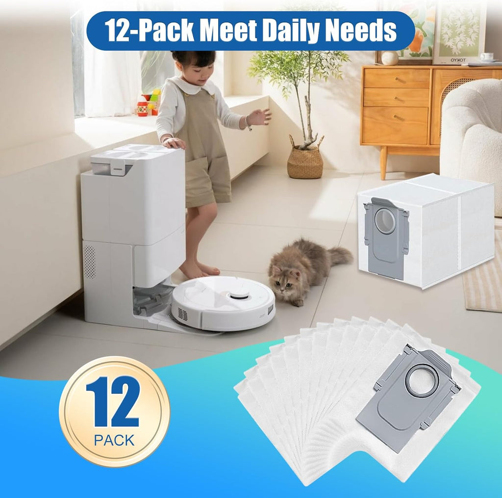 12 Pack Dust Bags for Roborock Q Revo/Qrevo S/Slim/Qrevo Pro/Qrevo MaxV/Qrevo Master/Qrevo Plus/Qrevo Curv, S8 Max/S8 MaxV Ultra, Saros 10R/10 Vacuum Disposable Dust Bags Replacement-3L