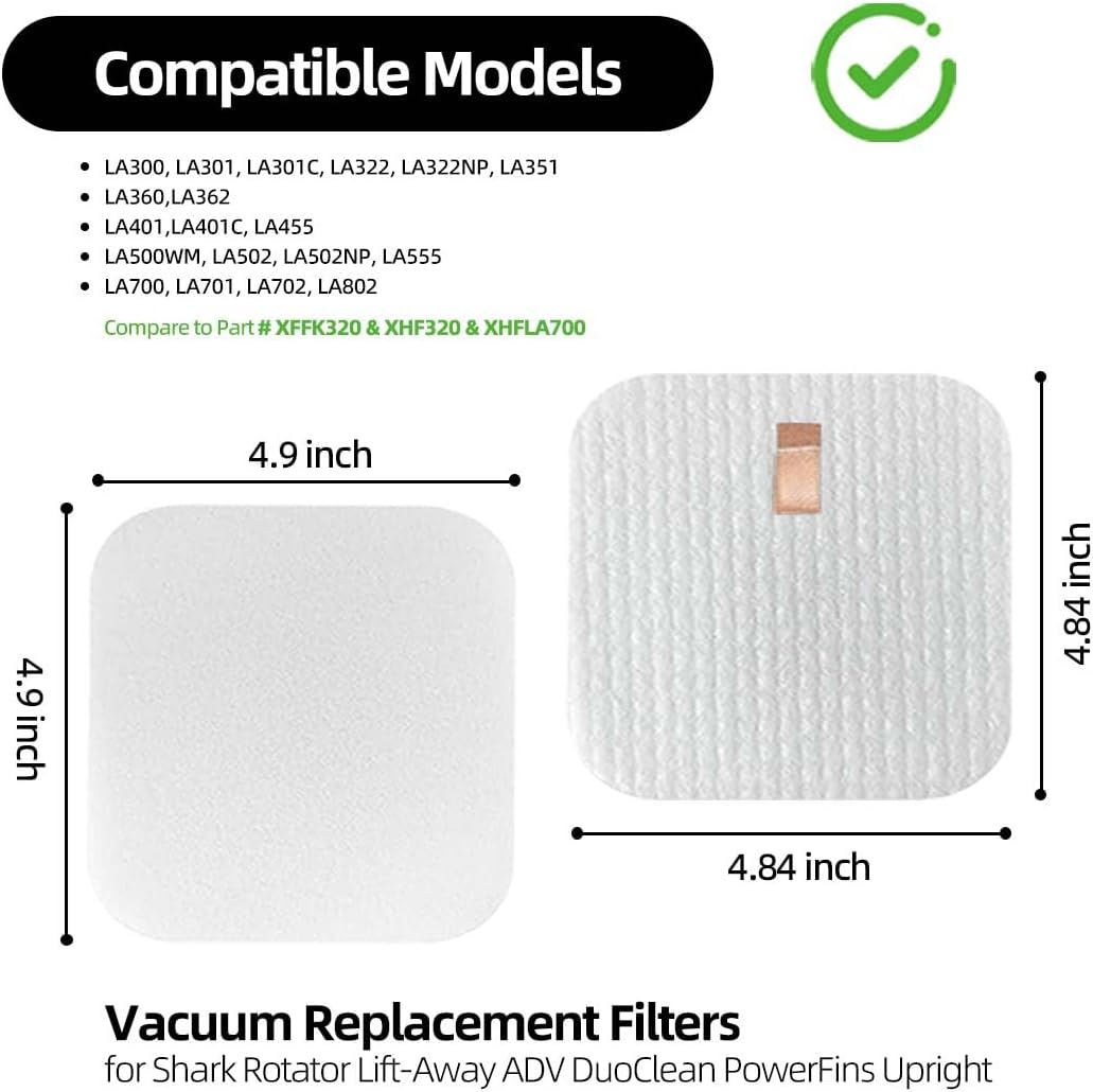 LA401 LA300 LA502 Vacuum Filter Replacement for Shark LA500, LA301, LA455, LA555, LA322 Rotator Lift Away ADV DuoClean PowerFins Upright Vacuum - Foam & Felt Filter Set for Pet Hair, Dirt, Dust