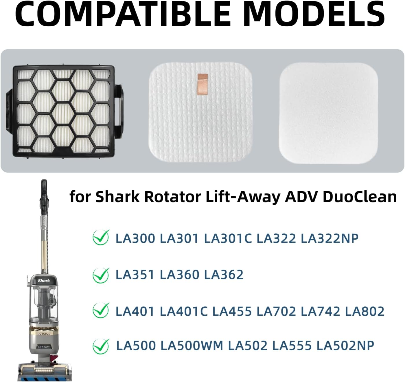 LA300, LA401, LA455 Filter Replacement for Shark LA502, LA500, LA301, LA555, Rotator Navigator Lift-Away ADV DuoClean PowerFins Upright, Washable/Reusable Filters Perfect for Pet Hair, Dirt, Dust