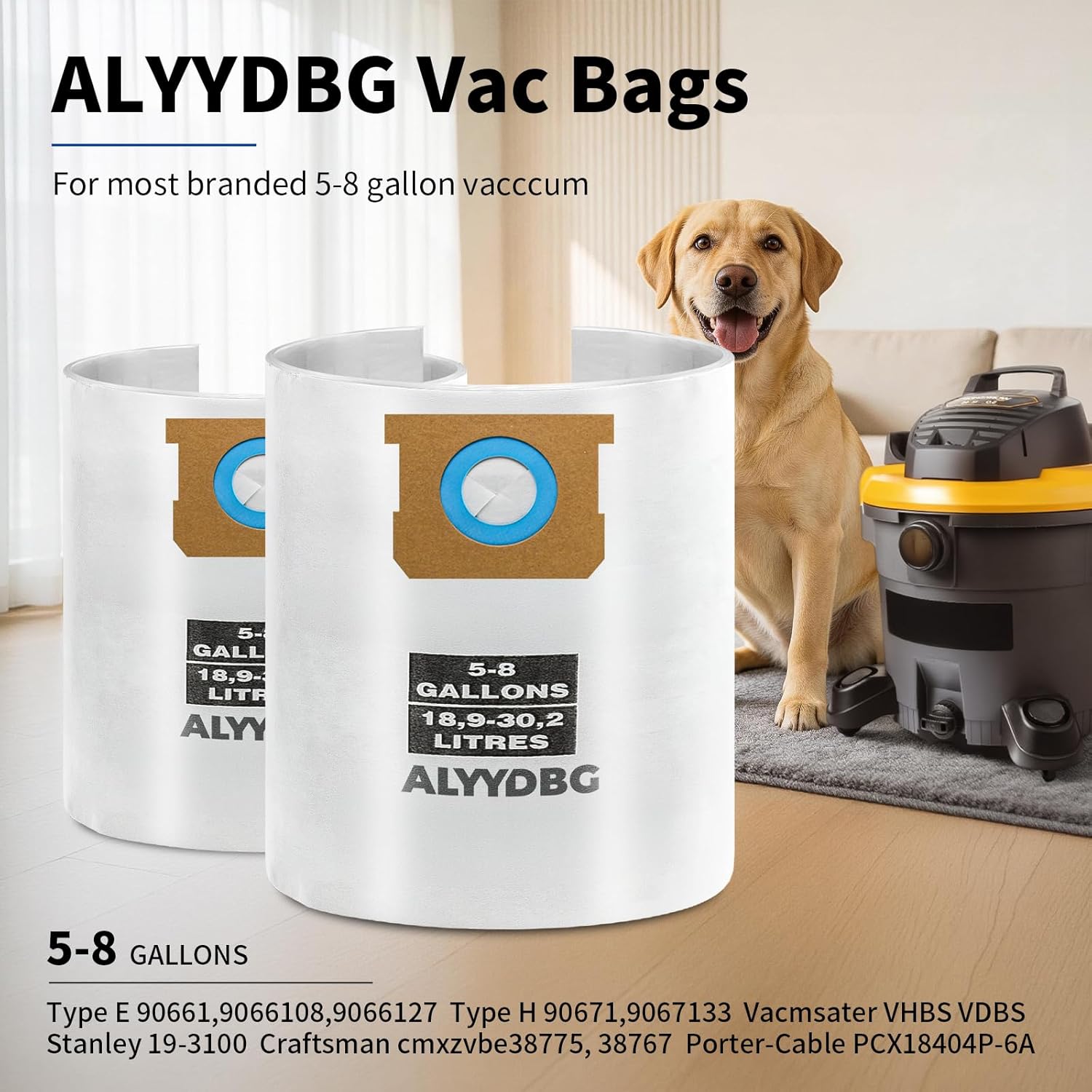 Universal 5-8 Gallon Vac Bags for 2-1/2 Inch Port Canister,  Type E 90661 9066166, Type H 90671 9067133; VF2004, VHBS VDBS High- Efficiency Disposable Vacuum Collection Filter Bags 5 Pack