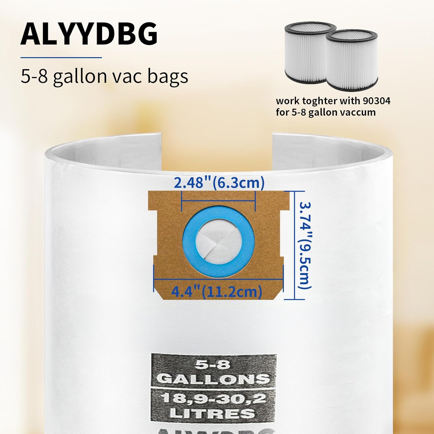 Universal 5-8 Gallon Vac Bags for 2-1/2 Inch Port Canister,  Type E 90661 9066166, Type H 90671 9067133; VF2004, VHBS VDBS High- Efficiency Disposable Vacuum Collection Filter Bags 5 Pack