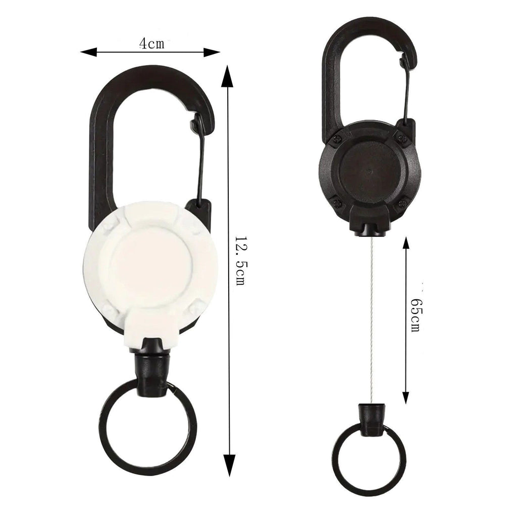Retractable Gear Tether 4-Pack - Stainless Steel Cable Keychain Reel for Outdoor Fishing Hiking - Auto Retracting Badge Holder with Carabiner Clip - Black Khaki Green White