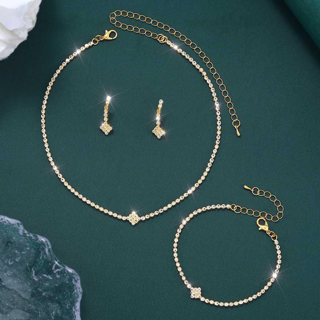 Bridal Zircon Jewelry Set 3-in-1 - Earrings Bracelet Necklace for Wedding Party - Crystal Shiny Bridal Jewelry Set for Women - Gold
