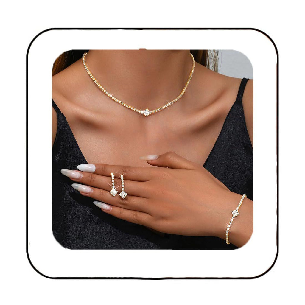 Bridal Zircon Jewelry Set 3-in-1 - Earrings Bracelet Necklace for Wedding Party - Crystal Shiny Bridal Jewelry Set for Women - Gold