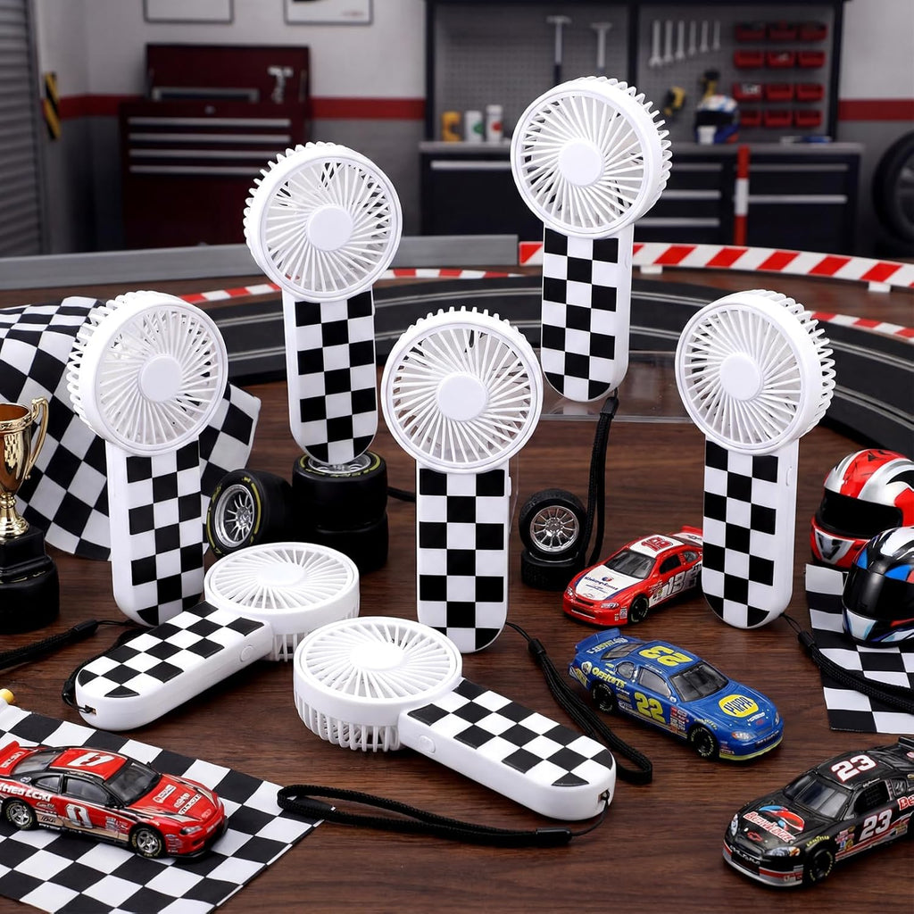 12 Pcs Race Car Party Favors Portable Fan Bulk Mini Handheld Personal Fans Checkered Black and White for Team Gift Travel Summer Outdoor Decorations -