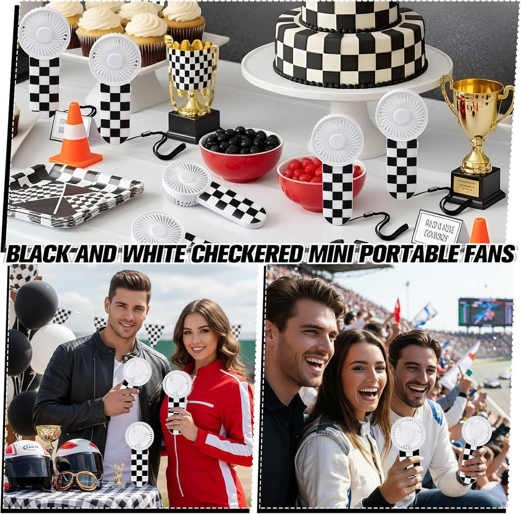 12 Pcs Race Car Party Favors Portable Fan Bulk Mini Handheld Personal Fans Checkered Black and White for Team Gift Travel Summer Outdoor Decorations -