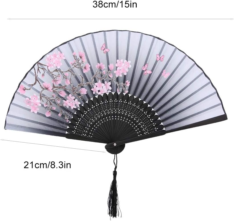 Hand Held Folding Fans, Floral Fans Handheld Paper Fan with Tassel Vintage Hollowed Holding for Dance Props Home Decoration(Gray) Grey