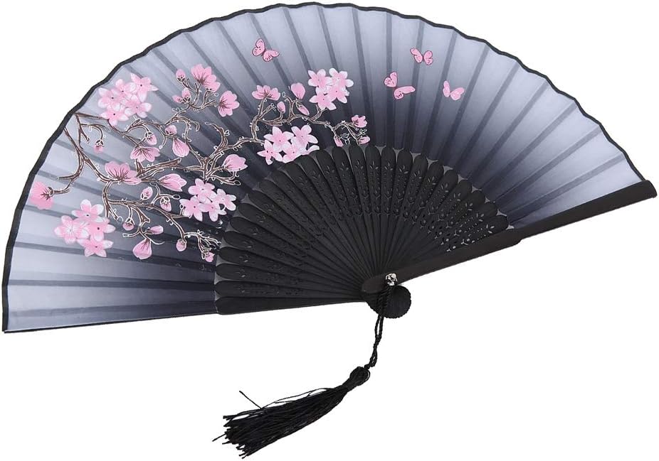Hand Held Folding Fans, Floral Fans Handheld Paper Fan with Tassel Vintage Hollowed Holding for Dance Props Home Decoration(Gray) Grey