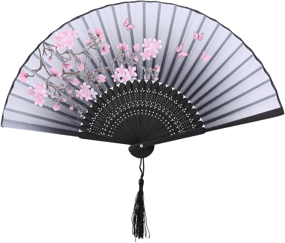 Hand Held Folding Fans, Floral Fans Handheld Paper Fan with Tassel Vintage Hollowed Holding for Dance Props Home Decoration(Gray) Grey