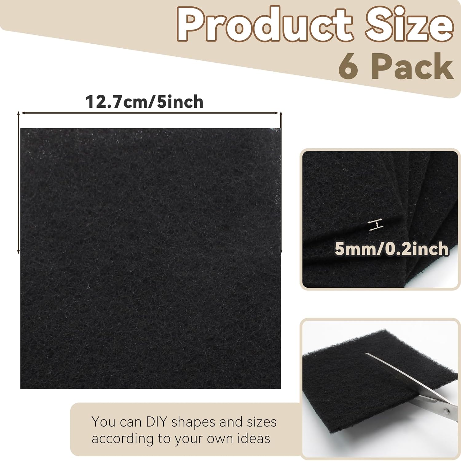 Biaungdo 6 Pack 5 Inch Sqaure Charcoal Filter Replacements, Black Kitchen Compost Bin Filters for Countertop Square Carbon Filter Bin Pail Replacement