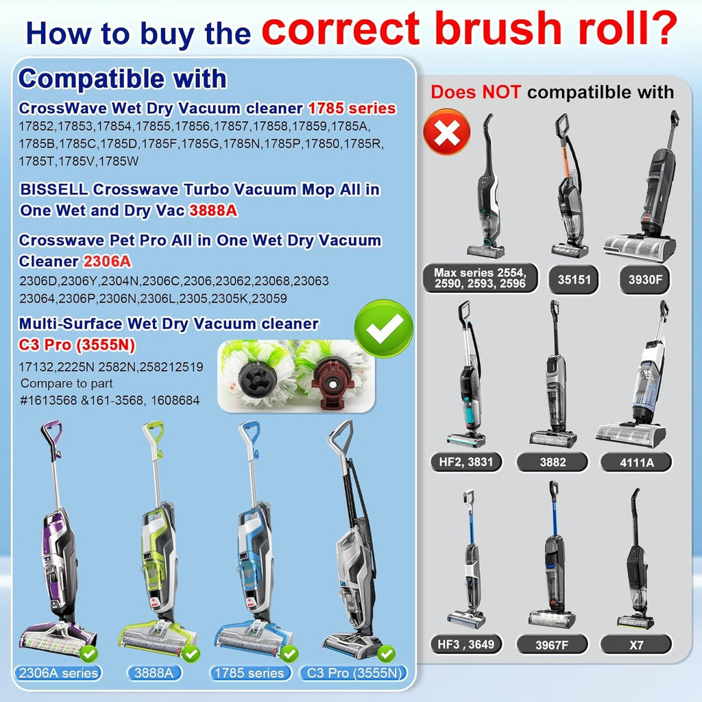 Brush ilter Replacement Parts or Bissell CrossWave Vacuum 3888A 1785 Pet Pro 2306A Cordless Wet Dry Vac, 3 Pack 2460 Multi-Surace Pet Brush Roll & 1866 Vacuum ilter, Part 1613568 1608684