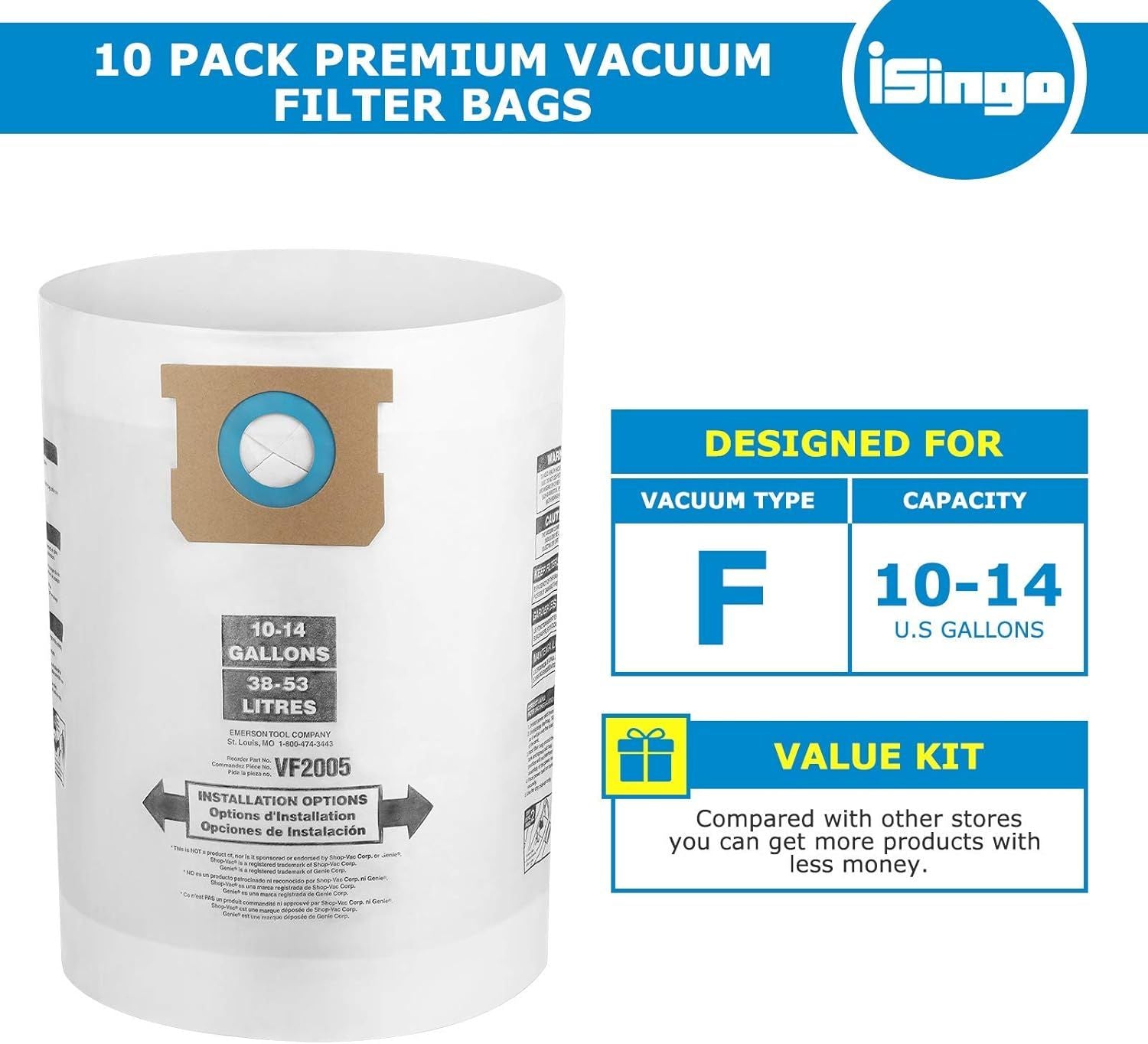 10 PCS Vacuum Bags Replacement or Shop Vac Bags 10-14 Gallon,Type  90662 9066200 9066233; Type I 90672 9067200 9067233; V2005, High Eiciency Disposable ine Dust Collection Vacuum ilter Bags