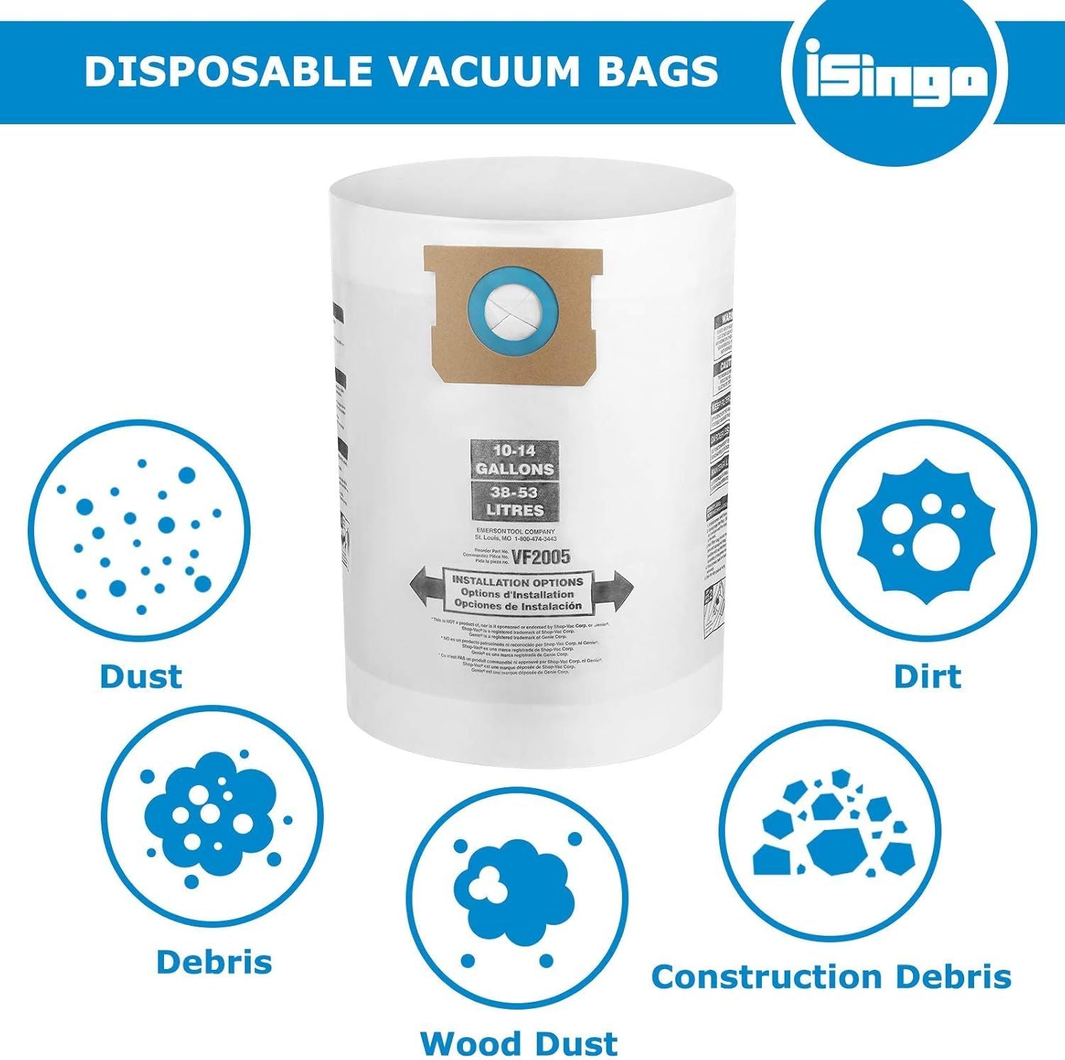 10 PCS Vacuum Bags Replacement or Shop Vac Bags 10-14 Gallon,Type  90662 9066200 9066233; Type I 90672 9067200 9067233; V2005, High Eiciency Disposable ine Dust Collection Vacuum ilter Bags