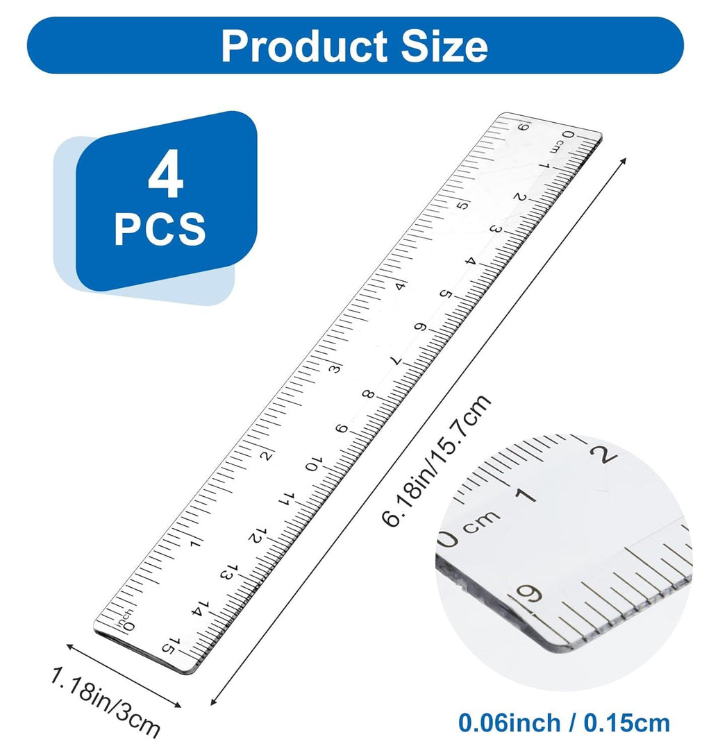 4Pcs 6 Inch Ruler, Plastic Clear Ruler 6 inch Small Rulers for Drawing & Underlining, Short Transparent Straight Measuring Tool Ideal for Journaling School Work, Easy to Use