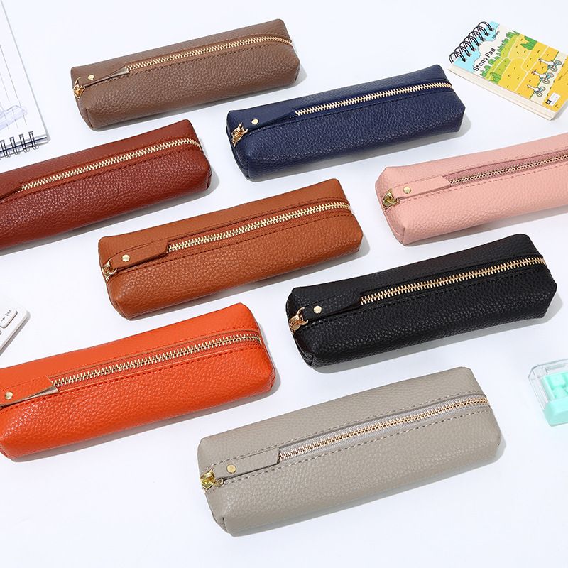 Leather Pencil Case - Korean Style Zipper Stationery Bag for Students and Office - Large Capacity Pen Organizer Pouch - Pink
