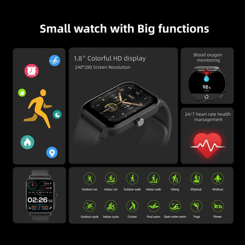 1.8inch Smart Watch IP68 BT5.3 for Android iOS with Heart Rate Monitoring Exercise Records 1pc（Blue）