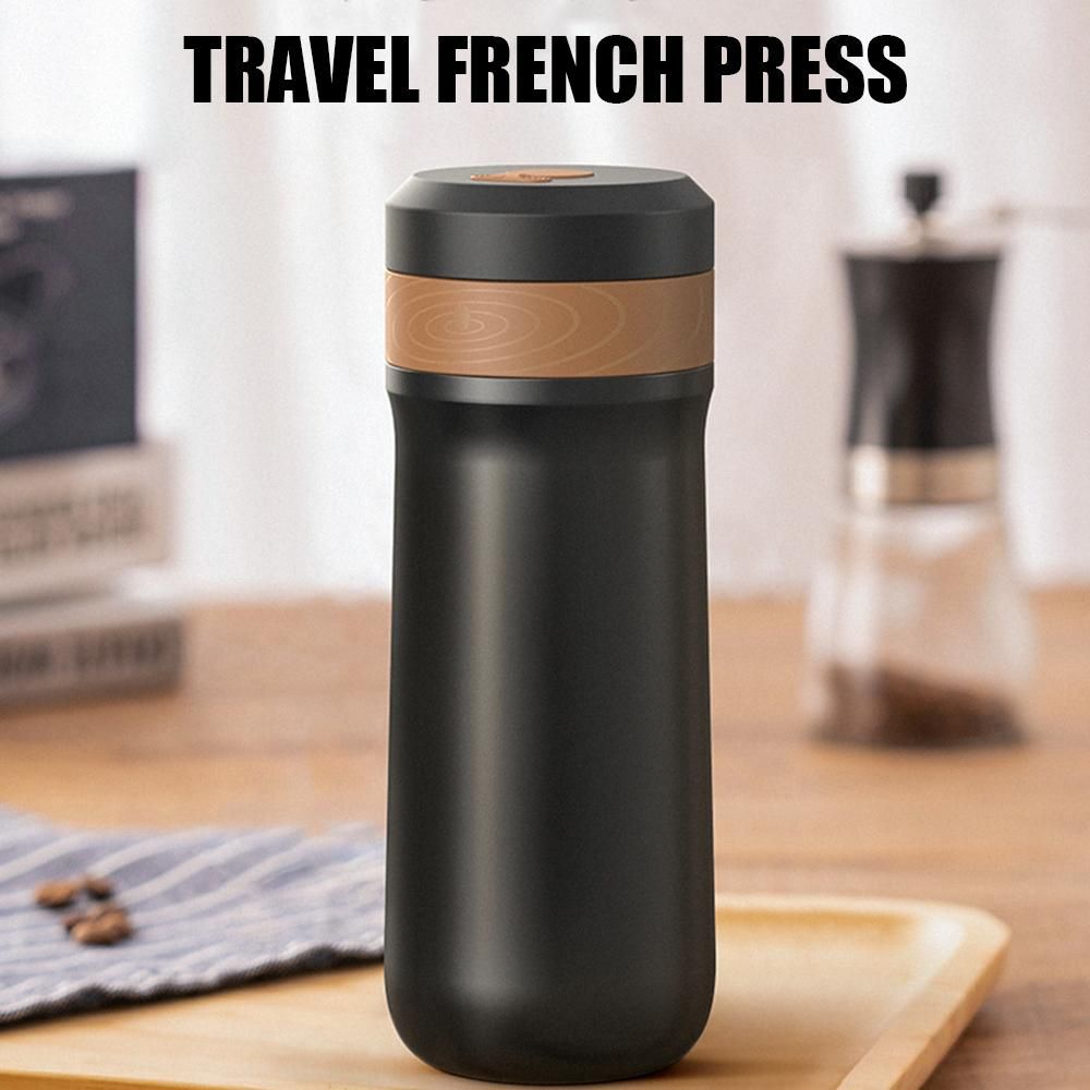 Insulated French Press Pot 320ml Outdoor Travel Portable Stainless Steel Insulated French Press Pot Tea Maker Hand-Poured Coffee Insulation Pot Teapot Black