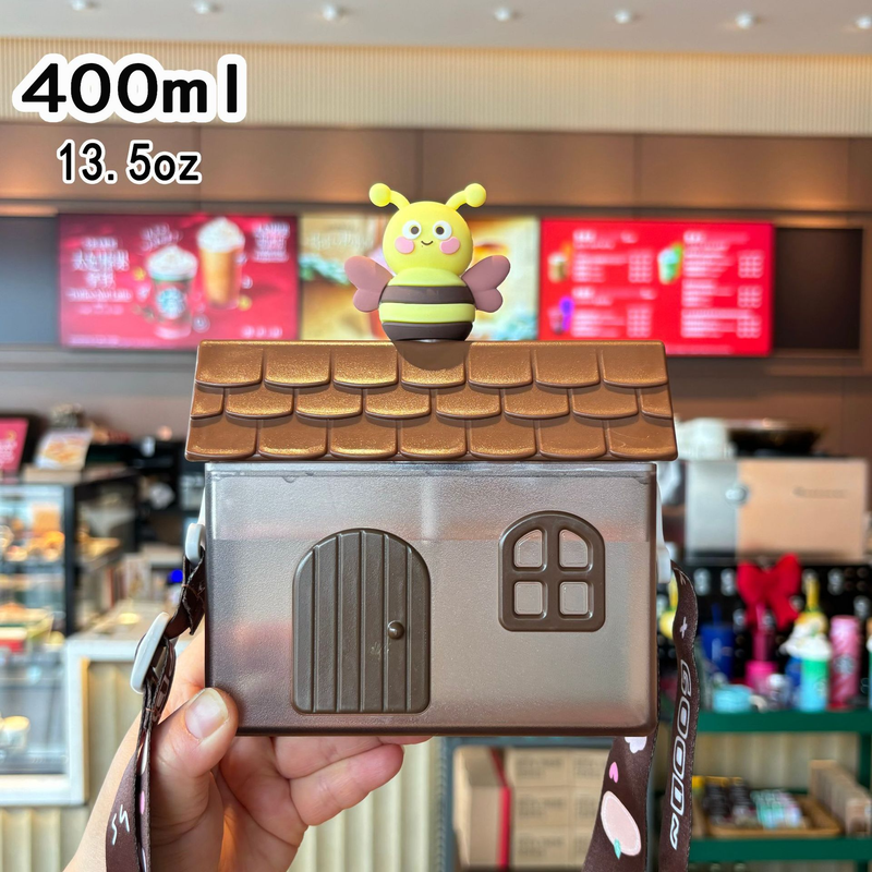 Kids Straw Cup 400ml House Shape Portable Water Bottle Strap Khaki Honey