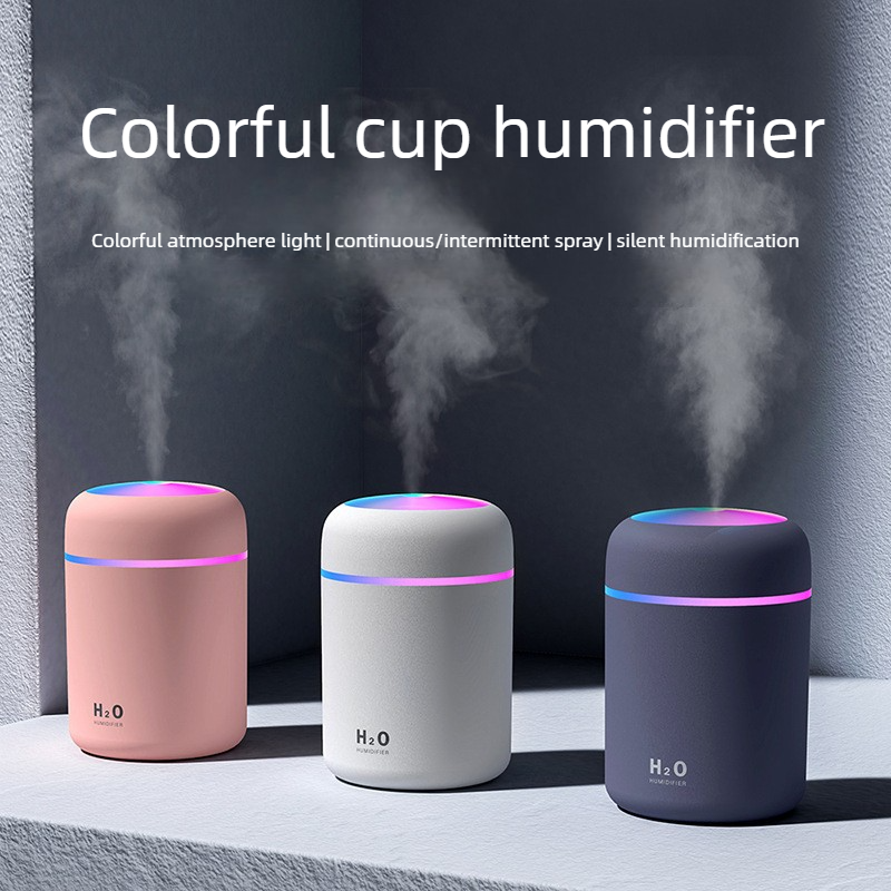 Mini Colorful Cup Humidifier, 300ml Portable USB Cool Mist Humidifier with 7-Color Night Light, for Car, Bedroom, Desk, and Office - White
